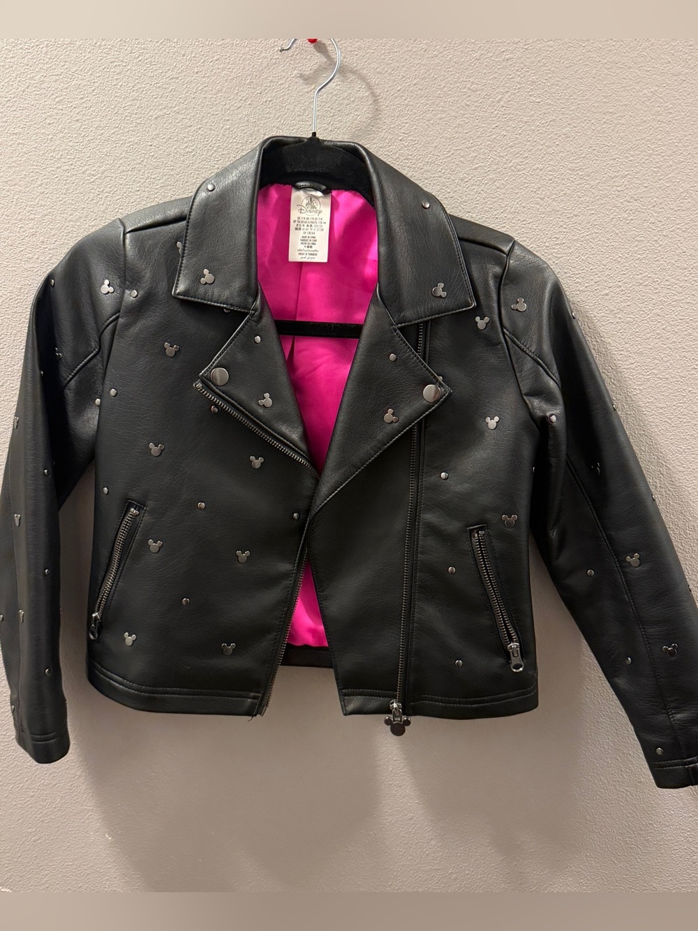 Disney Black Faux Leather Moto Jacket with Pink Lining